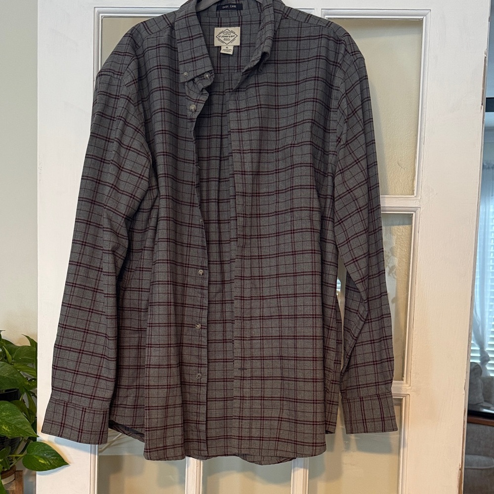 St. John's Bay Charcoal and Burgundy Plaid Shirt